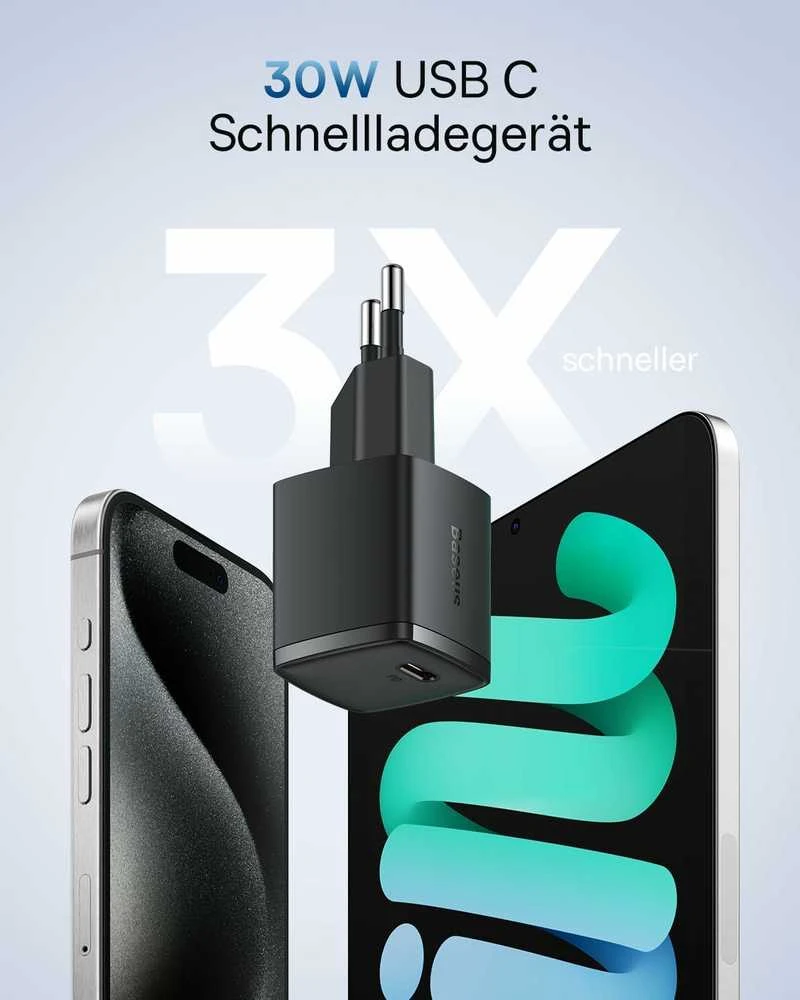 Baseus USB-C sieninis įkroviklis 30 W GaN3, greito krovimo adapteris, juodas