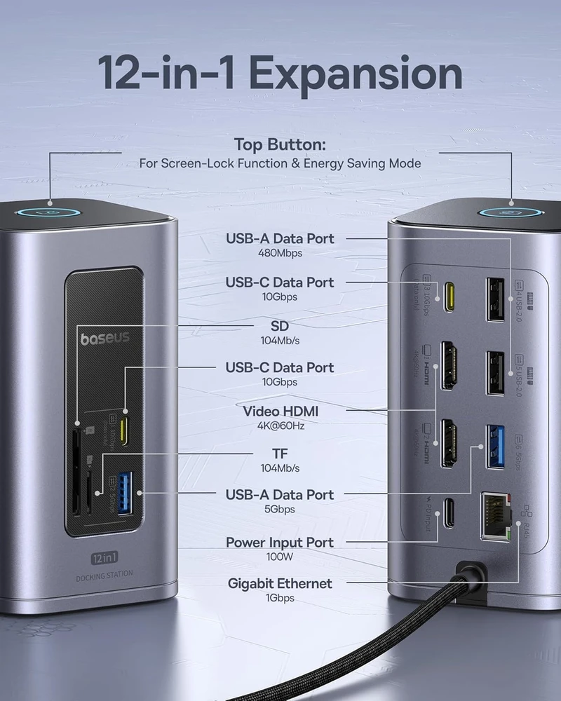 Baseus USB-C stotelė Nomos Air 12 in 1, 2x 4K HDMI, 10Gbps USB, 100W PD, Ethernet