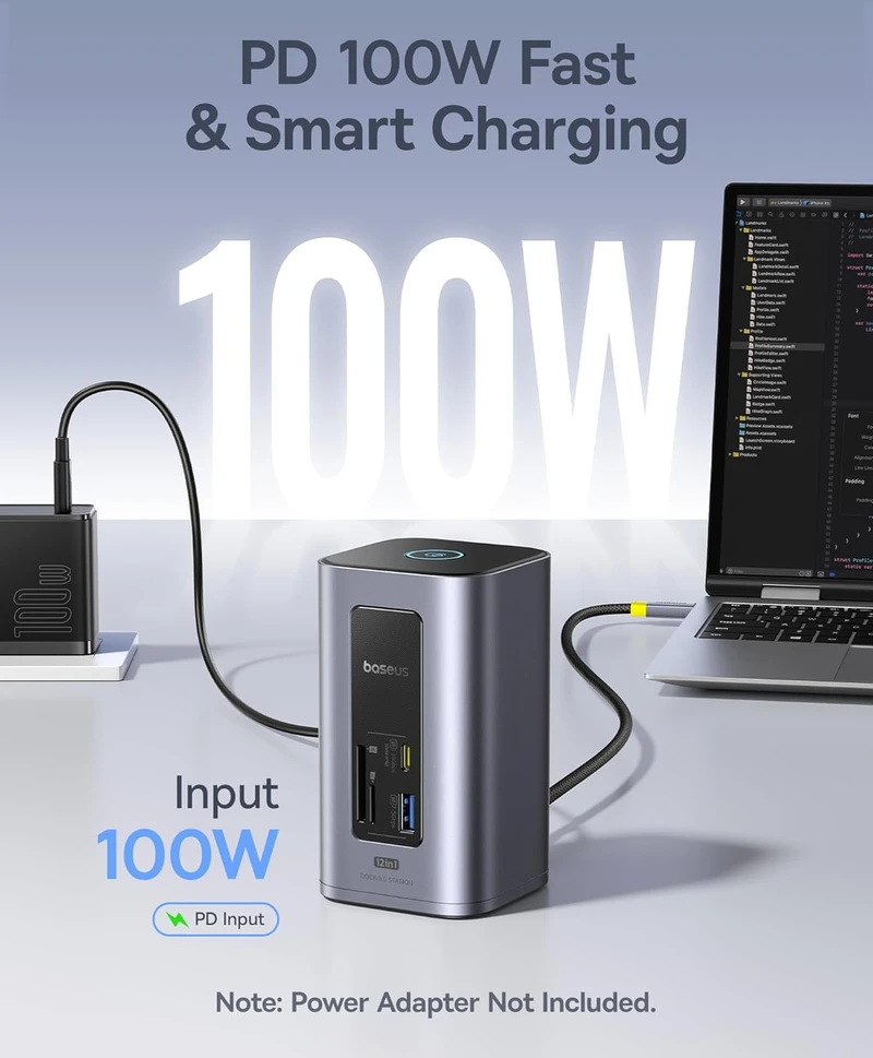 Baseus USB-C stotelė Nomos Air 12 in 1, 2x 4K HDMI, 10Gbps USB, 100W PD, Ethernet