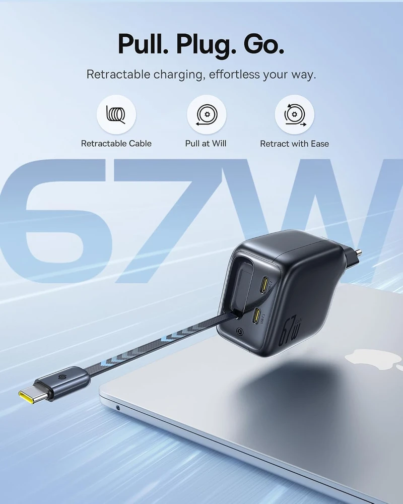 Baseus USB-C tinklo įkroviklis 67 W su ištraukiamu 80 cm kabeliu, GaN6, Enercore