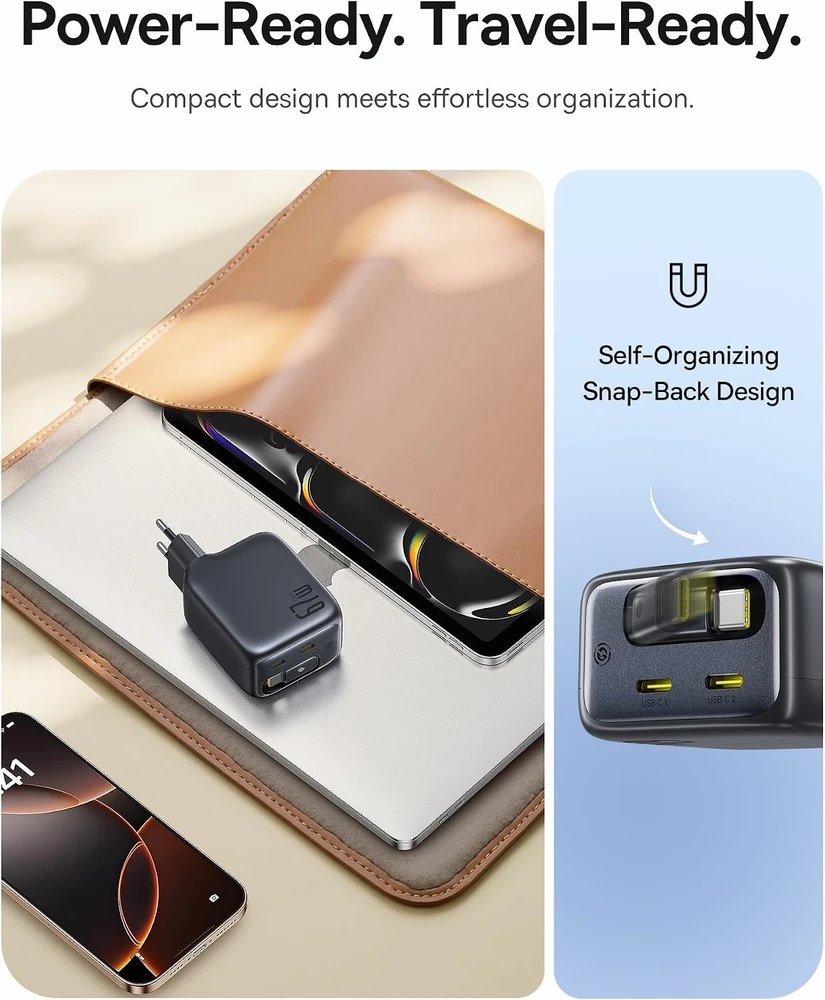 Baseus USB-C tinklo įkroviklis 67 W su ištraukiamu 80 cm kabeliu, GaN6, Enercore