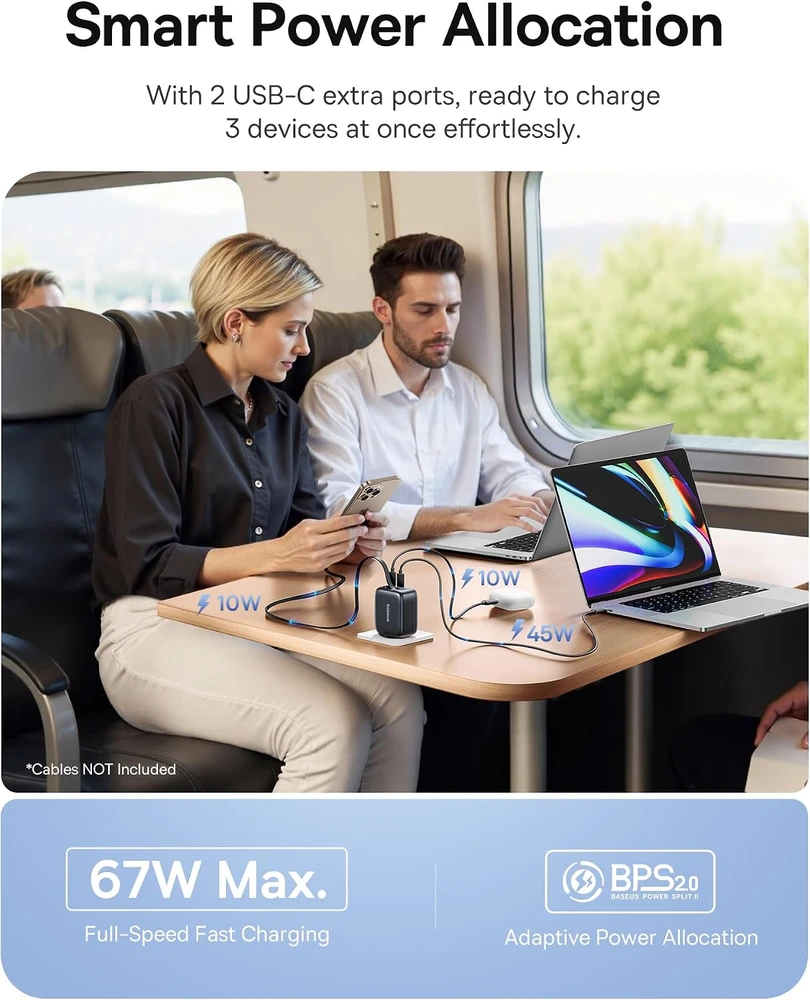 Baseus USB-C tinklo įkroviklis 67 W su ištraukiamu 80 cm kabeliu, GaN6, Enercore
