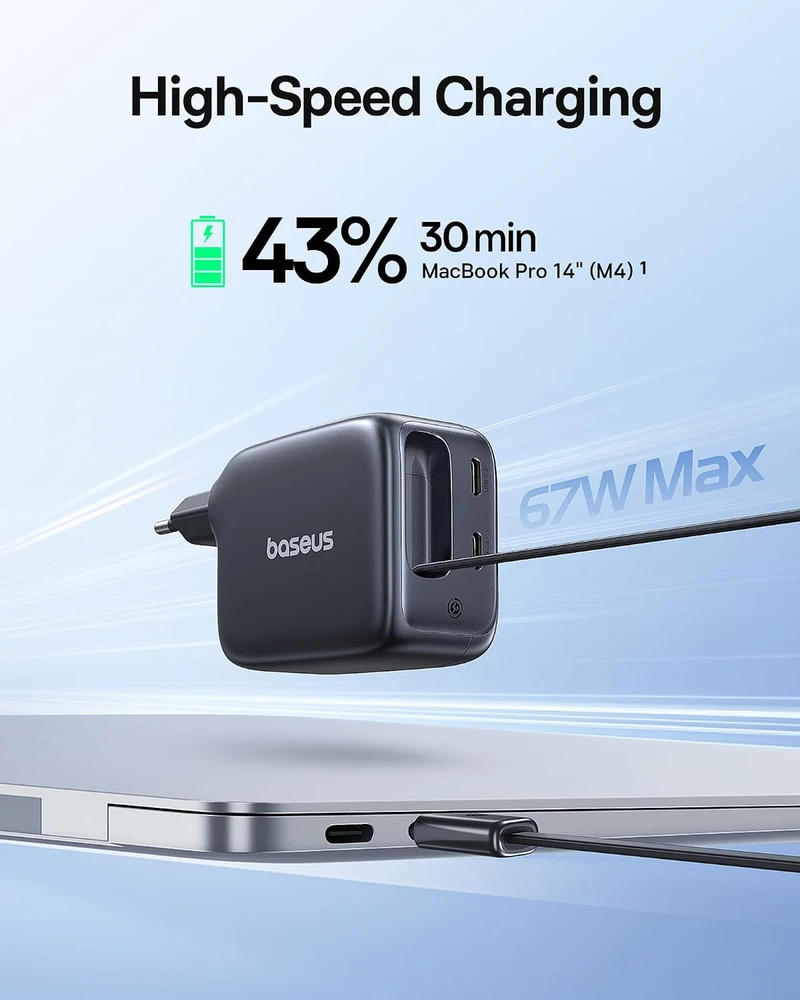 Baseus USB-C tinklo įkroviklis 67 W su ištraukiamu 80 cm kabeliu, GaN6, Enercore