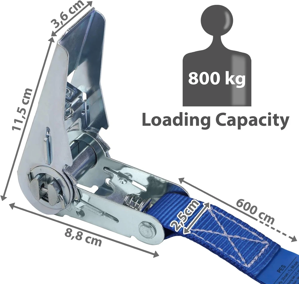 BB Sport tvirtinimo diržai su griebtuvu, 6 vnt., 2,5 cm x 6 m, iki 800 kg, poliesteris