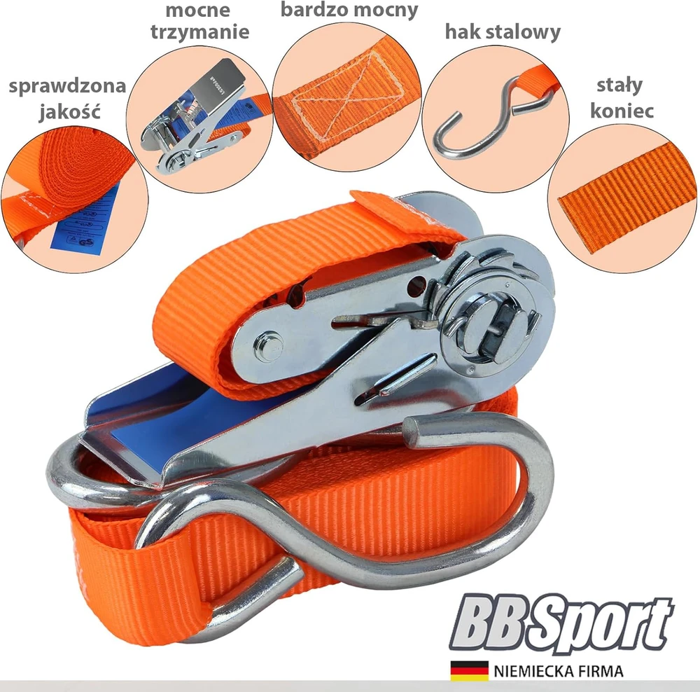 BB Sport tvirtinimo diržai su įtempikliu ir kabliu, oranžiniai, 4 vnt., 4 m, 25 mm, 700 kg