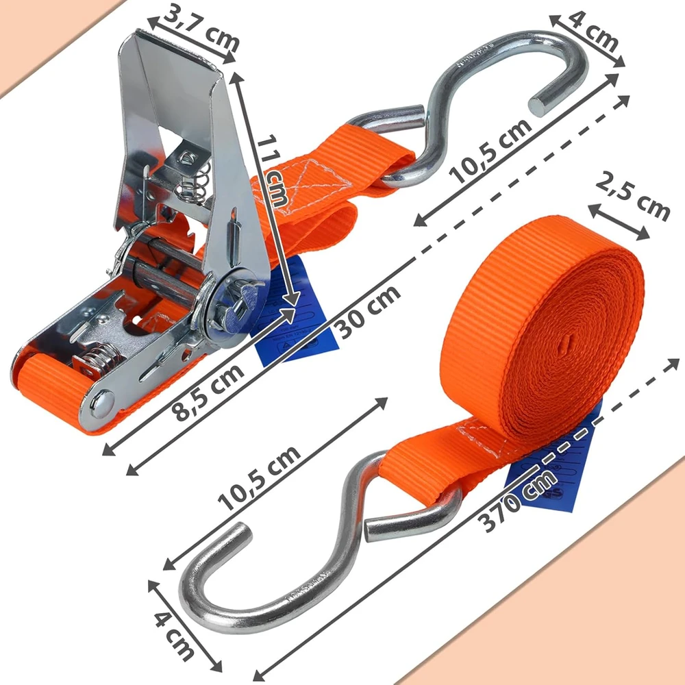 BB Sport tvirtinimo diržai su įtempikliu ir kabliu, oranžiniai, 4 vnt., 4 m, 25 mm, 700 kg