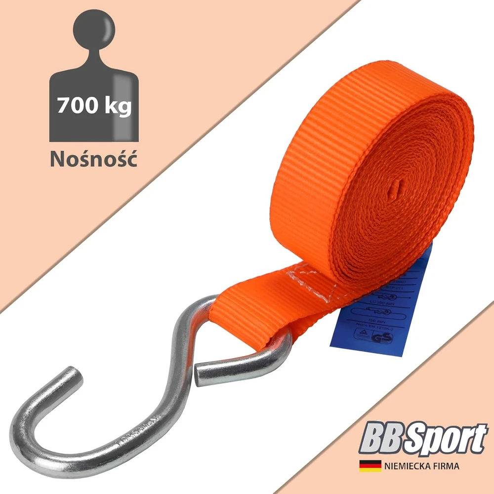 BB Sport tvirtinimo diržai su įtempikliu ir kabliu, oranžiniai, 4 vnt., 4 m, 25 mm, 700 kg