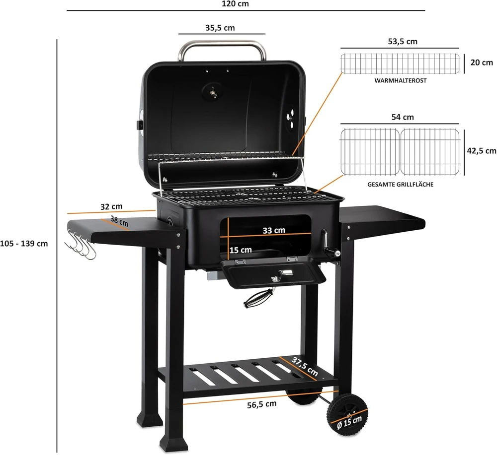 BBQ-Toro anglinė kepsninė su termometru, aukščio reguliavimu ir ratukais, XXL, BBQ15