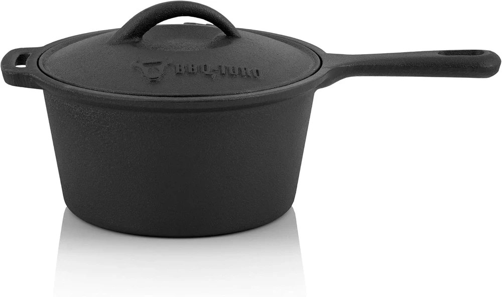 BBQ-Toro ketaus puodų ir kepsninės indų rinkinys su olandiškas puodas, gofrų keptuve, rondeliu ir medine dėže (10 dalių, juodas)
