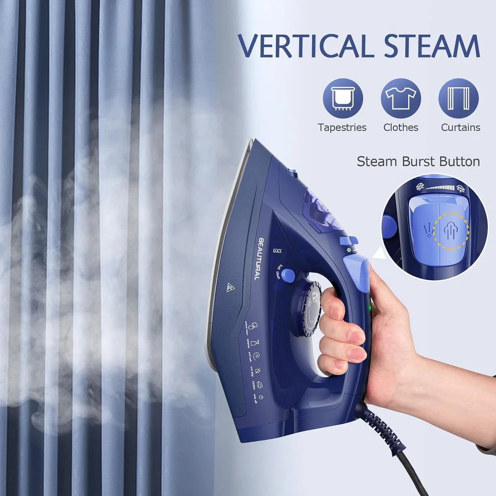 BEAUTURAL garų lygintuvas 2600 W su keraminiu padu, 350 ml bakeliu ir 1,9 m laidu