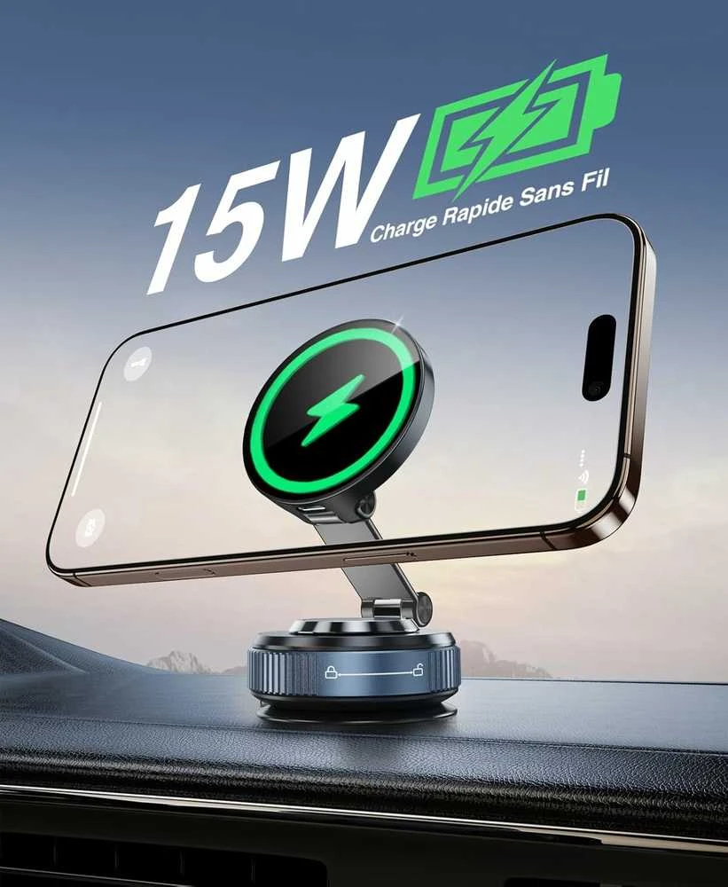 Beeasy 15 W magnetinis automobilinis laikiklis su belaidžiu MagSafe įkrovikliu, siurbtukas