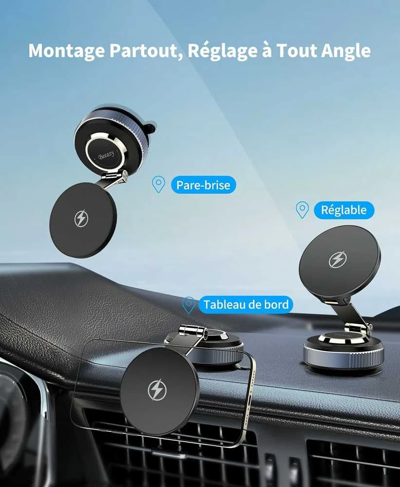 Beeasy 15 W magnetinis automobilinis laikiklis su belaidžiu MagSafe įkrovikliu, siurbtukas