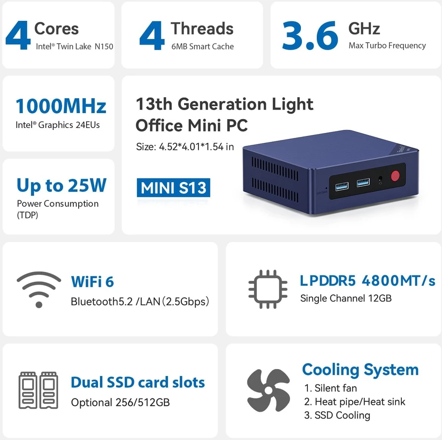 Beelink mini kompiuteris MINI-S12 Pro su Intel N100, 12 GB RAM ir 500 GB SSD