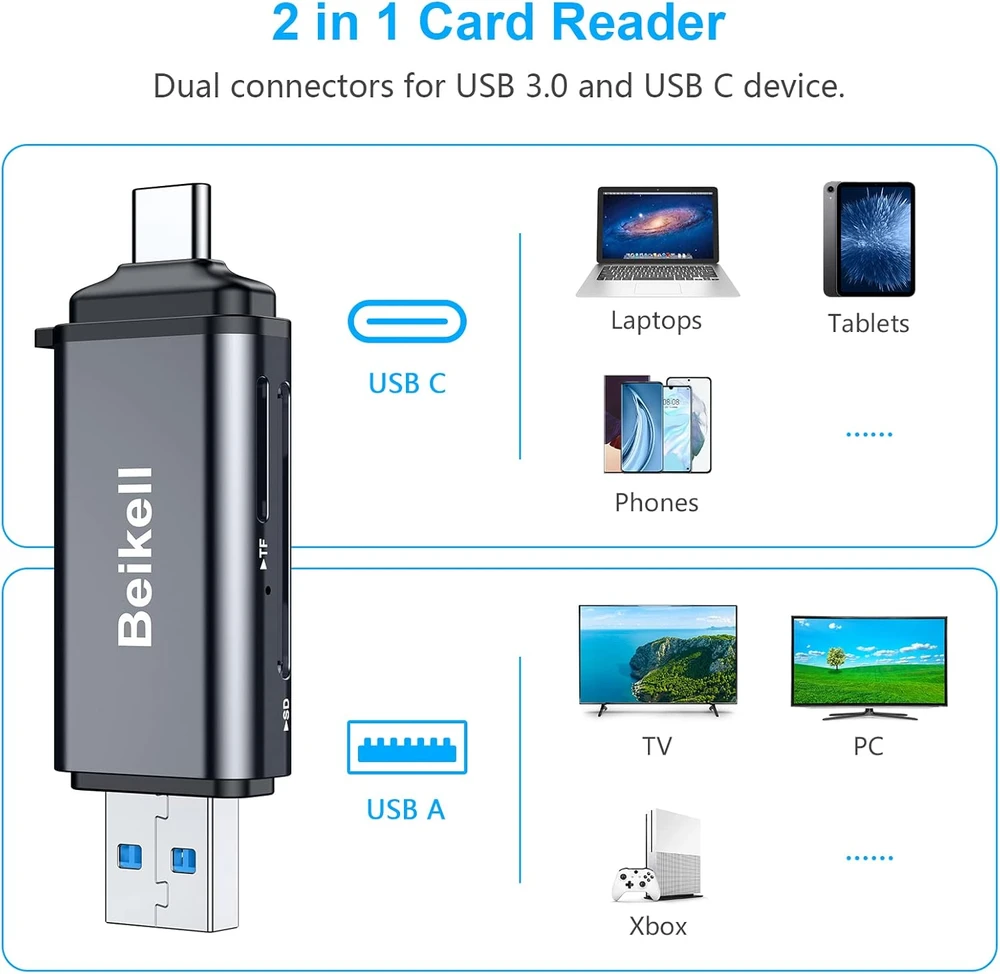 Beikell atminties kortelių skaitytuvas USB-C ir USB 3.0, du lizdai, iki 5 Gb/s, B6310