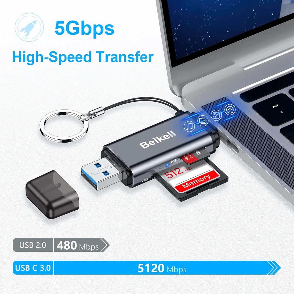 Beikell atminties kortelių skaitytuvas USB-C ir USB 3.0, du lizdai, iki 5 Gb/s, B6310