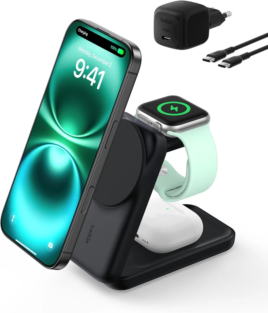 Belkin 3 viename belaidė Qi2.2 įkrovimo stotelė 25 W su MagSafe WIZ036kqBK