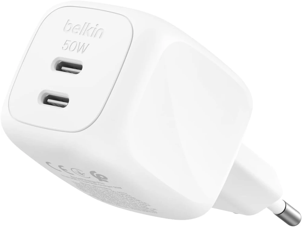 Belkin 50 W GaN sieninis įkroviklis su 2 USB-C jungtimis, PD 3.1, WCH019kqWH