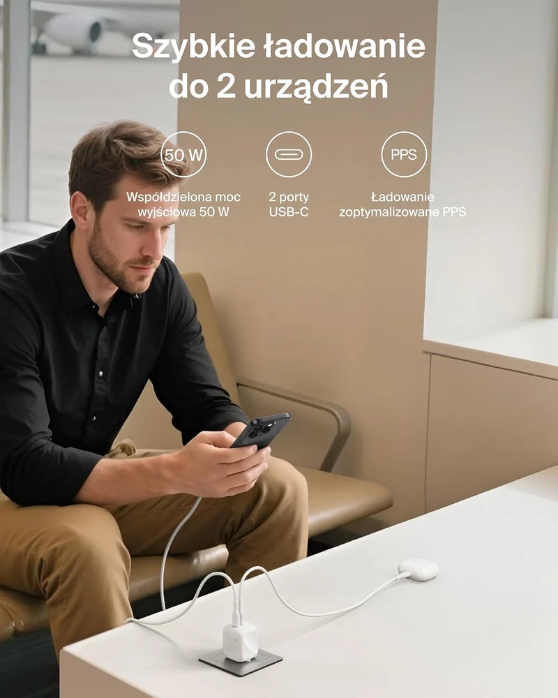 Belkin 50 W GaN sieninis įkroviklis su 2 USB-C jungtimis, PD 3.1, WCH019kqWH