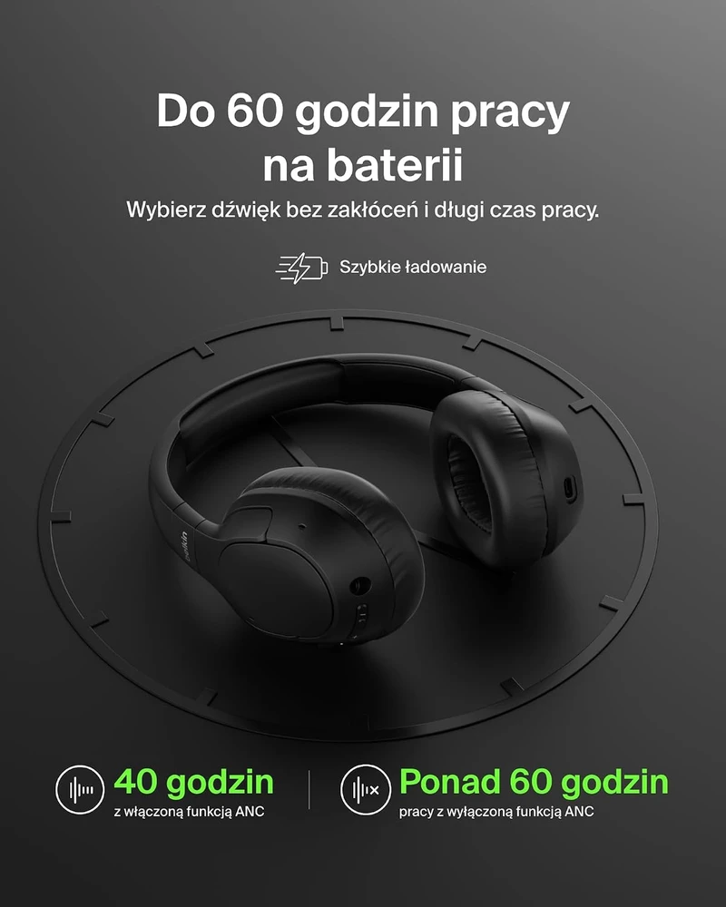 Belkin apgaubiančios belaidės ausinės su ANC, Bluetooth 5.4 ir 60 val. veikimu AUD008fqBK