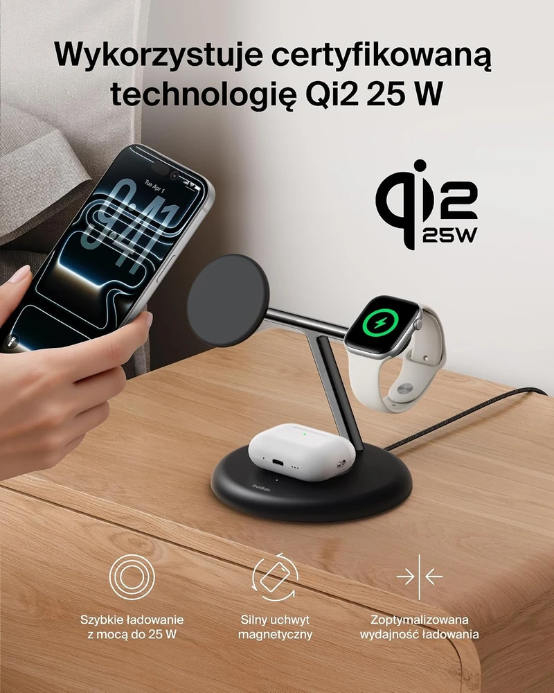 Belkin belaidė įkrovimo stotelė 3 viename su Qi2, 25 W, USB-C, WIZ050kqBK