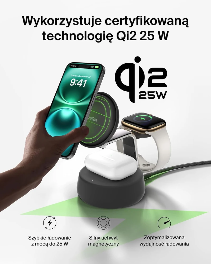 Belkin belaidė įkrovimo stotelė 3 viename 25 W Qi2.2 WIZ040kqCH