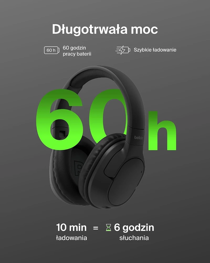 Belkin belaidės ant ausų dedamos ausinės Bluetooth 5.4 su ENC, 60 val., AUD009hqBK