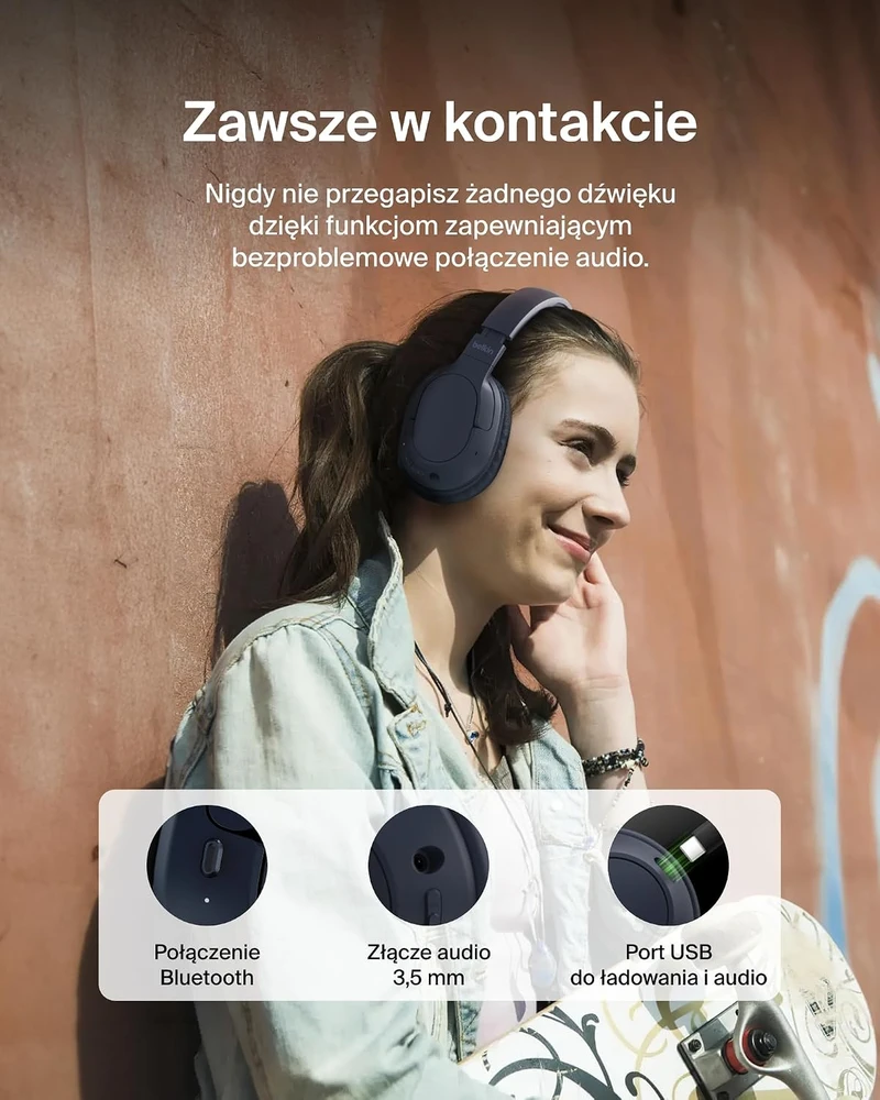 Belkin belaidės ant ausų dedamos Bluetooth 5.4 ausinės su aktyviu triukšmo slopinimu AUD009hqBL