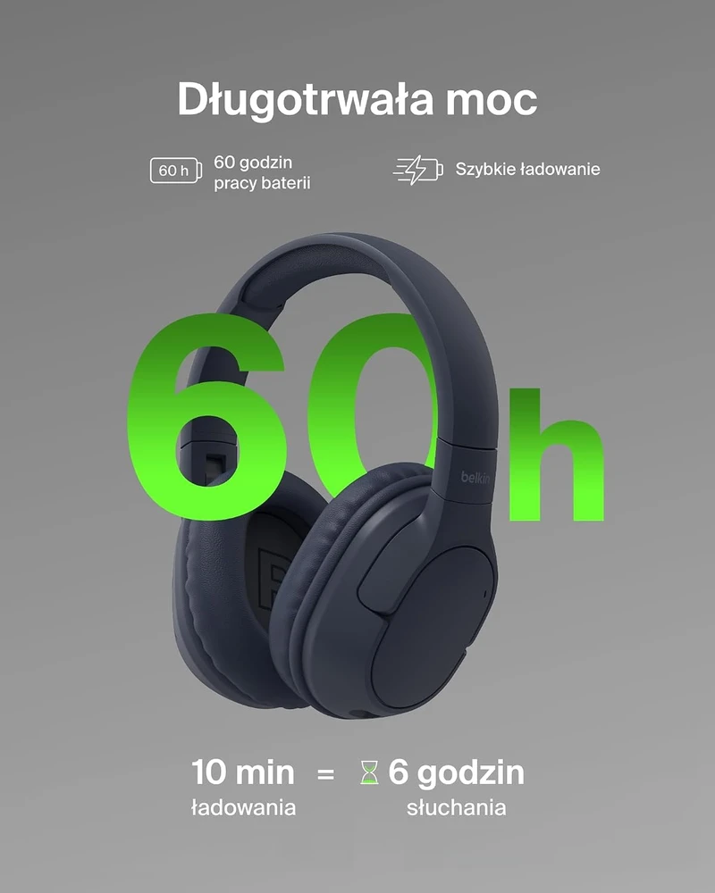 Belkin belaidės ant ausų dedamos Bluetooth 5.4 ausinės su aktyviu triukšmo slopinimu AUD009hqBL