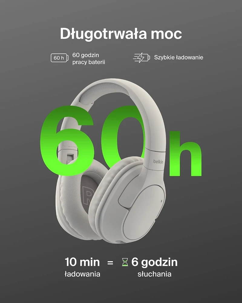 Belkin belaidės ant ausų dedamos Bluetooth ausinės su ANC, 60 val., AUD009hqSA
