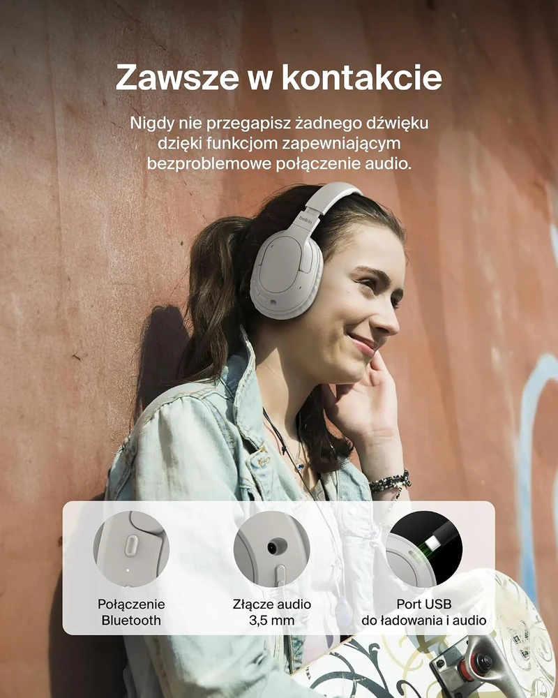 Belkin belaidės ant ausų dedamos Bluetooth ausinės su ANC, 60 val., AUD009hqSA