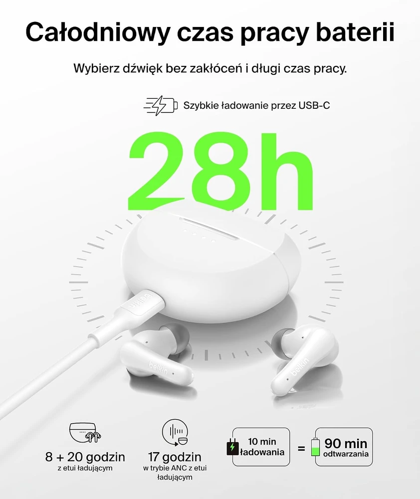 Belkin belaidės į ausis įdedamos Bluetooth ausinės su ANC, 28 val., SoundForm Rhythm