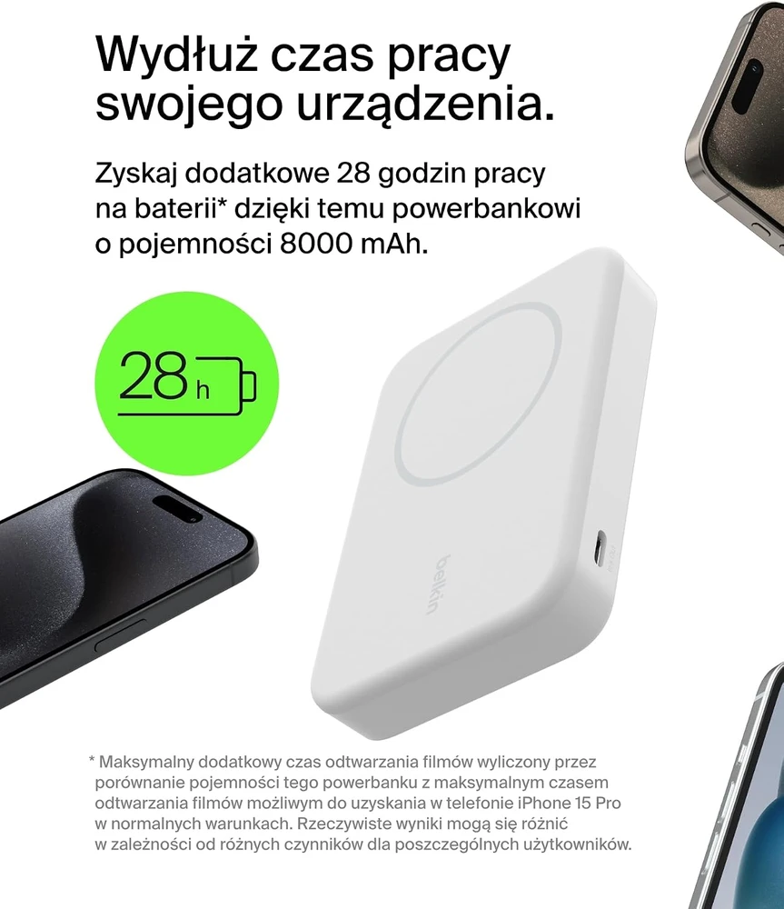Belkin 8000 mAh 15W Qi2 MagSafe balta