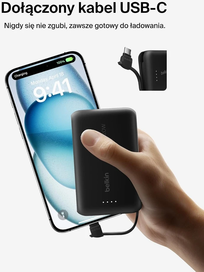 Belkin 10 000 mAh 20W įmontuotas kabelis USB-C juoda