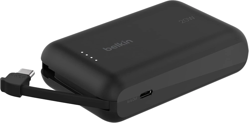 Belkin 10 000 mAh 20W įmontuotas kabelis USB-C juoda