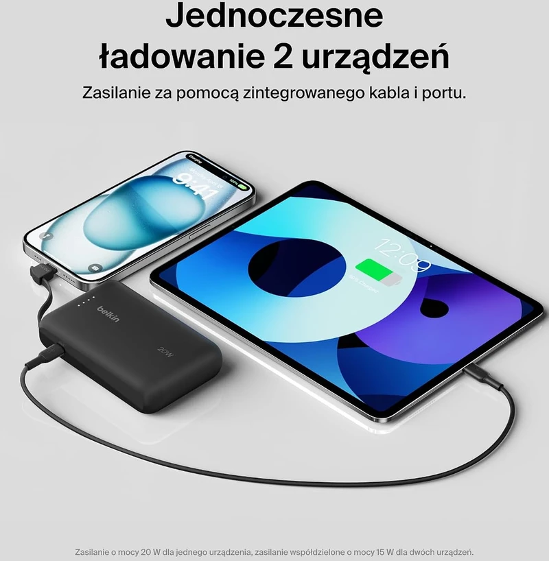 Belkin 10 000 mAh 20W įmontuotas kabelis USB-C juoda