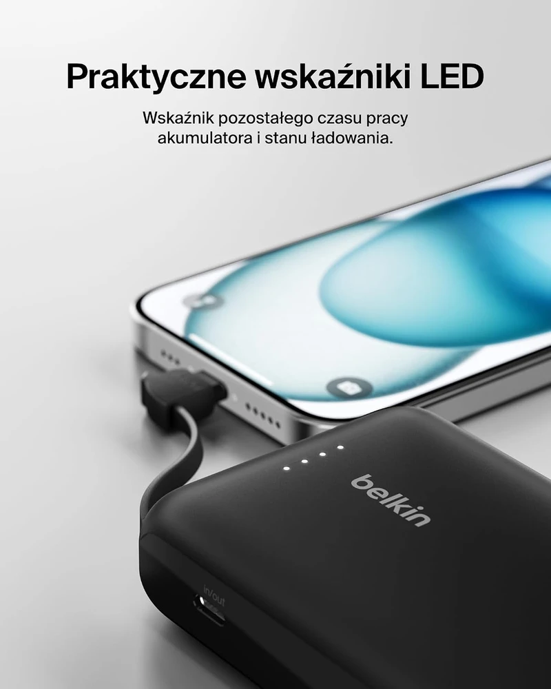 Belkin 10 000 mAh 20W įmontuotas kabelis USB-C juoda