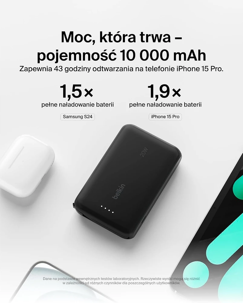 Belkin 10 000 mAh 20W įmontuotas kabelis USB-C juoda