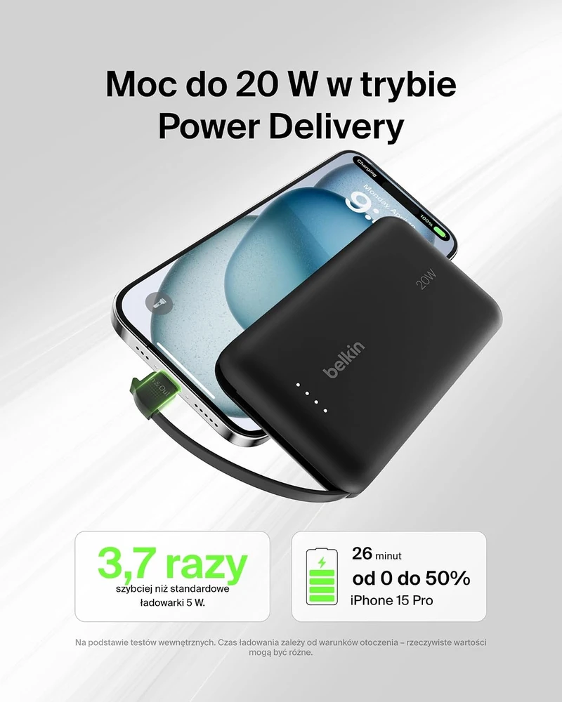 Belkin 10 000 mAh 20W įmontuotas kabelis USB-C juoda