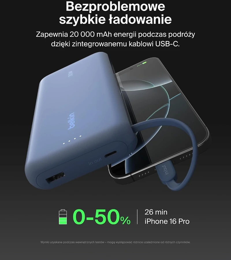 Belkin BoostCharge išorinė baterija 20000 mAh, 30 W su integruotu USB-C kabeliu BPB024hqBL