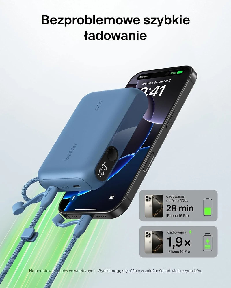 Belkin BoostCharge Powerbank 10000 mAh, 20 W, 2 USB-C jungtys, ekranas, BPB027hqBL