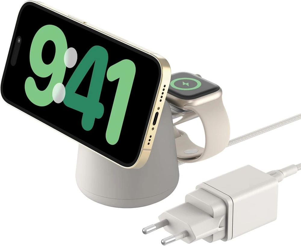 Belkin BoostCharge Pro belaidė įkrovimo stotelė 2 viename Qi2 15 W, smėlio spalvos WIZ027vfH37