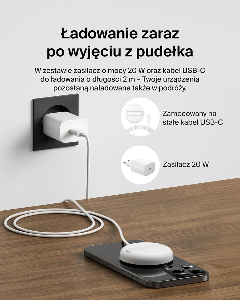 Belkin Įkroviklis magnetyczna, Qi2 15W, rozkładana, maitinimo šaltinis 20W, balta