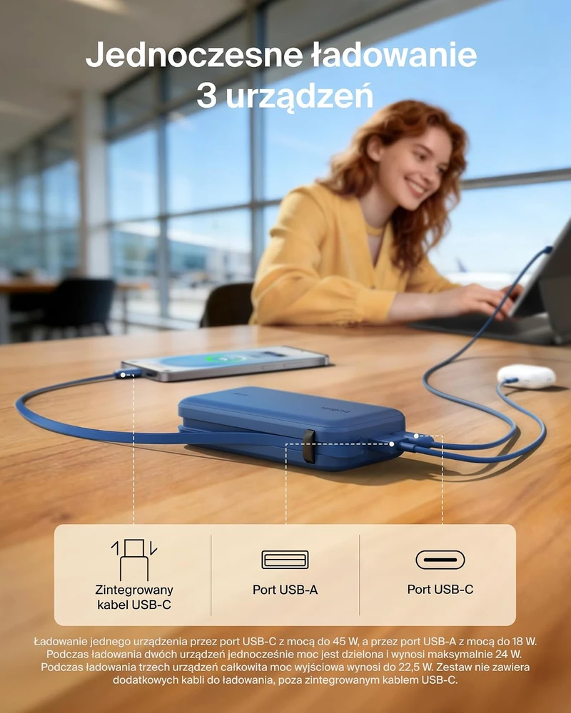 Belkin išorinė baterija 10 000 mAh su integruotu USB-C kabeliu, 45 W BPB035hqBL