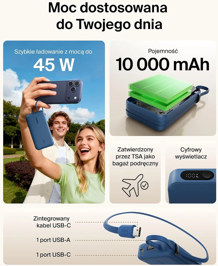 Belkin išorinė baterija 10 000 mAh su integruotu USB-C kabeliu, 45 W BPB035hqBL