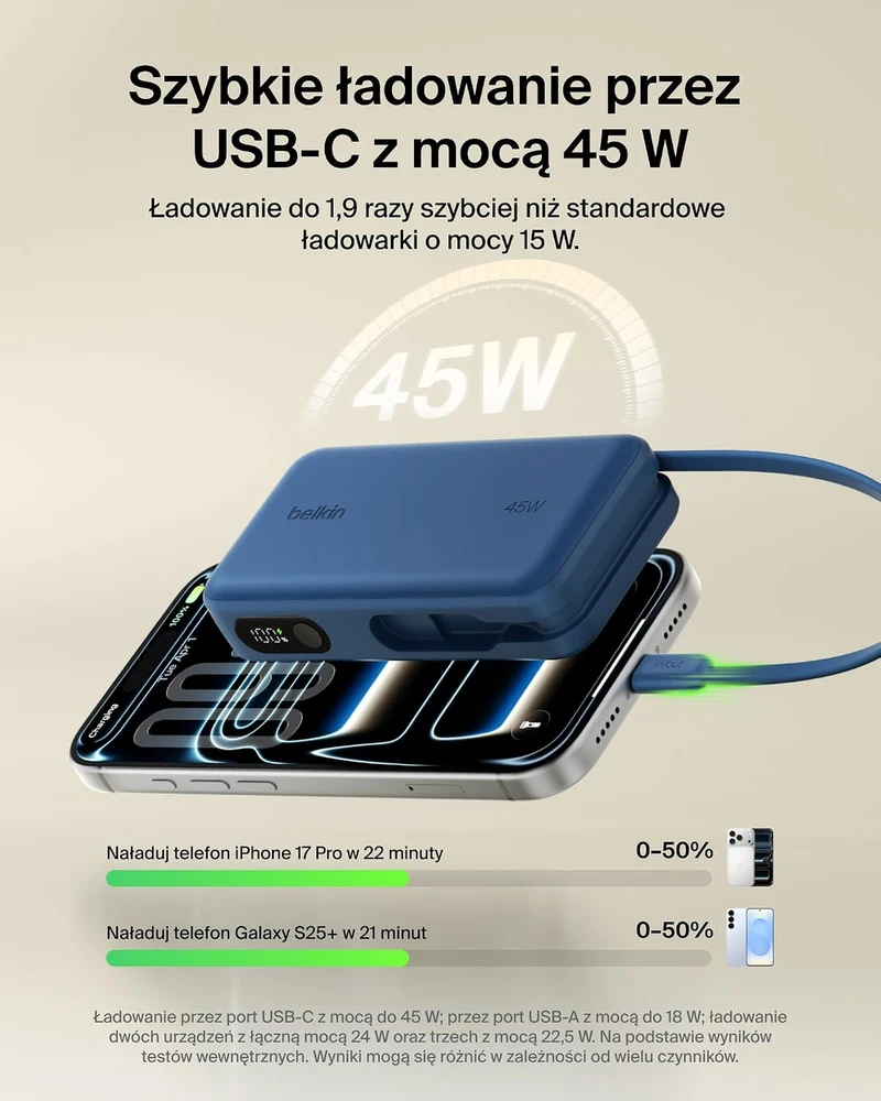 Belkin išorinė baterija 10 000 mAh su integruotu USB-C kabeliu, 45 W BPB035hqBL