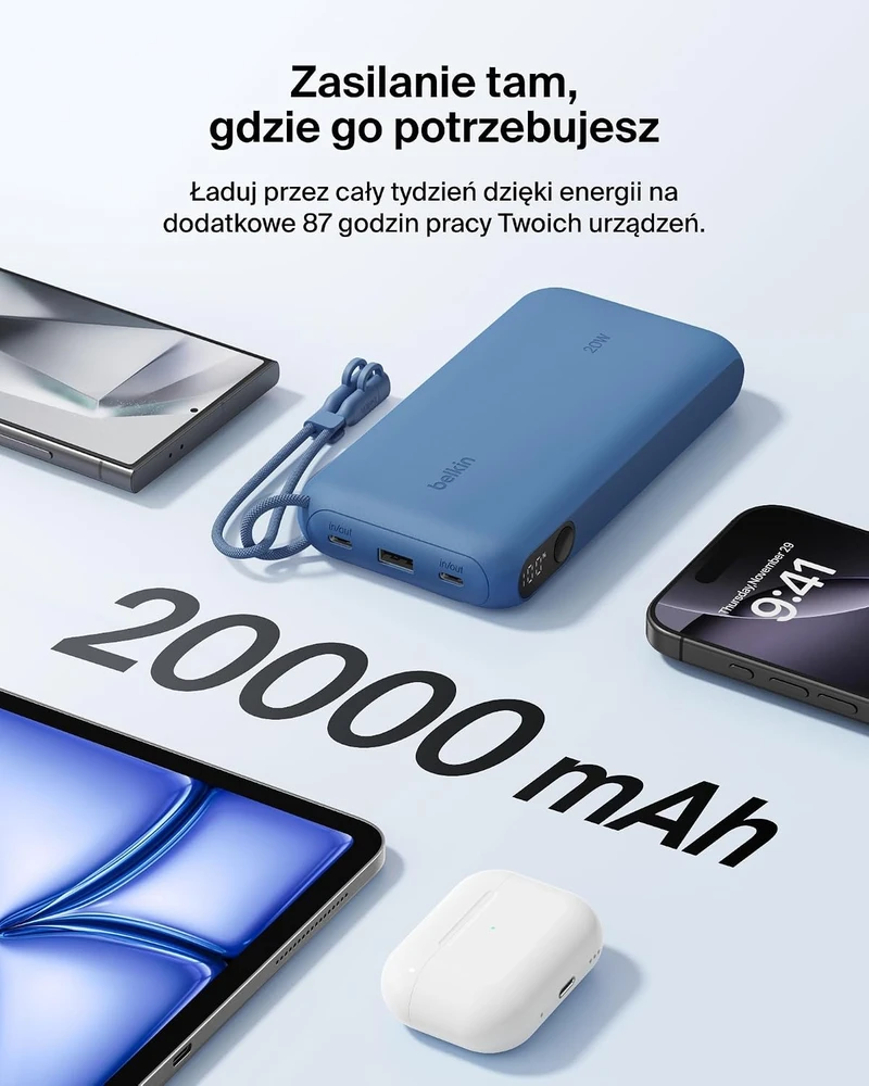 Belkin išorinė baterija 20 000 mAh, 20 W, USB-C ir USB-A, BPB028hqBL