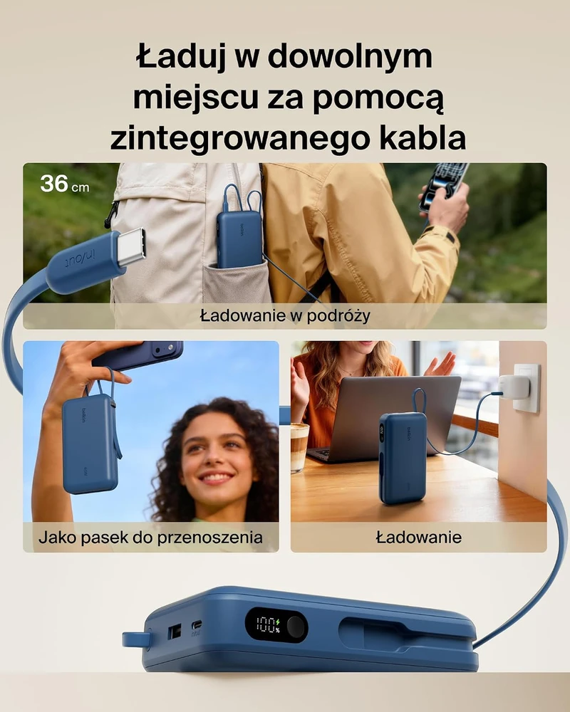 Belkin išorinė baterija 20 000 mAh 45 W su integruotu USB-C kabeliu BPB036hqBL