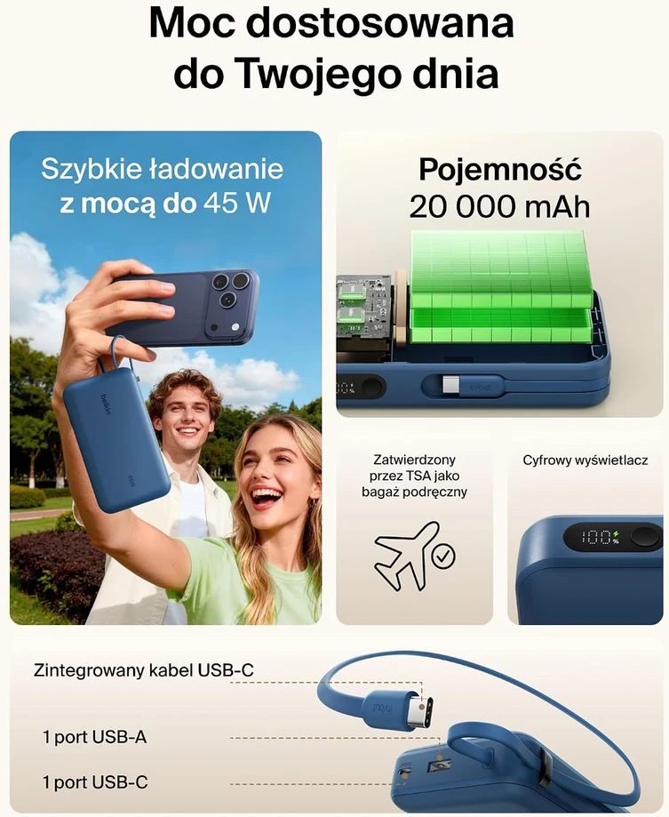 Belkin išorinė baterija 20 000 mAh 45 W su integruotu USB-C kabeliu BPB036hqBL