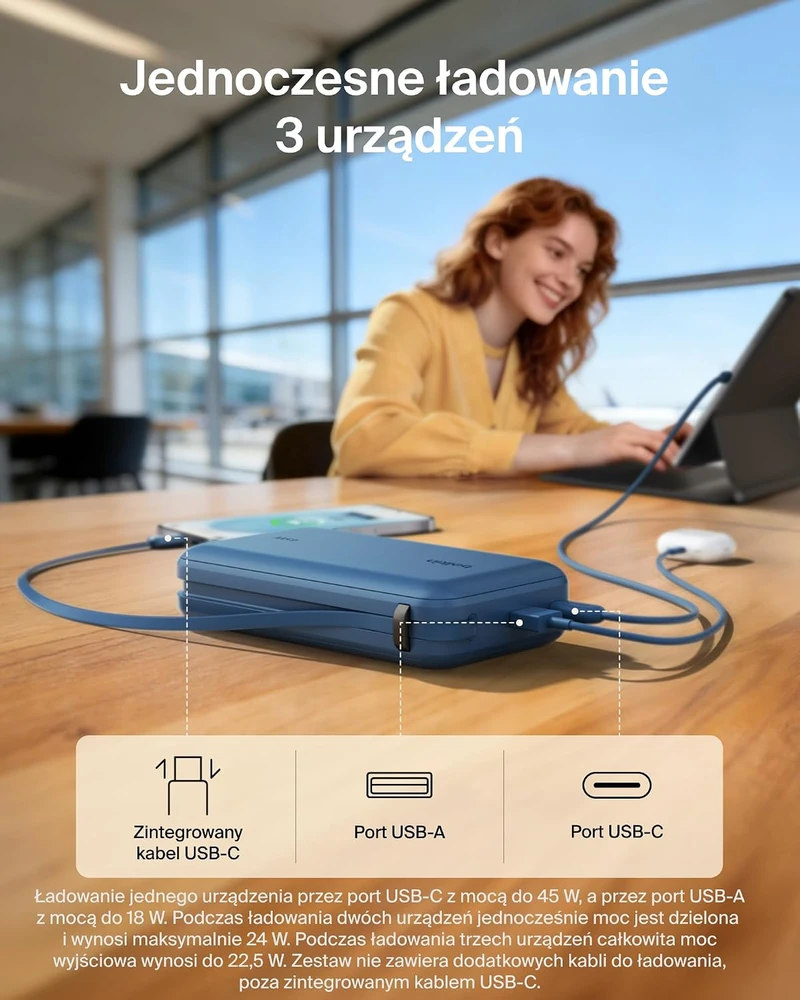 Belkin išorinė baterija 20 000 mAh 45 W su integruotu USB-C kabeliu BPB036hqBL