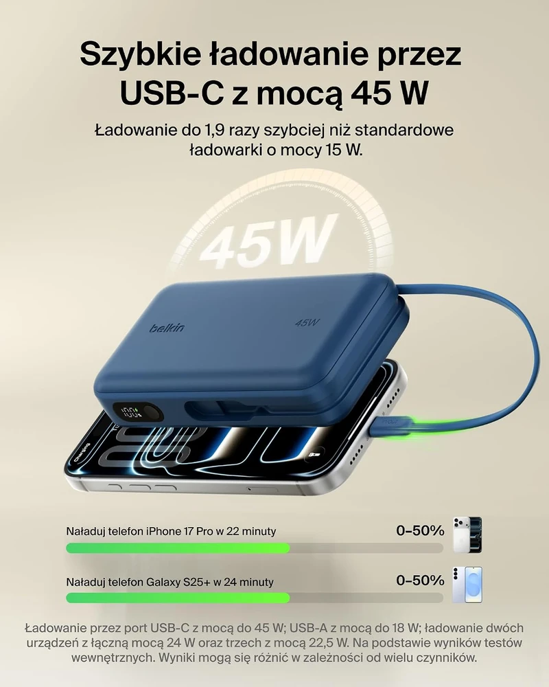 Belkin išorinė baterija 20 000 mAh 45 W su integruotu USB-C kabeliu BPB036hqBL
